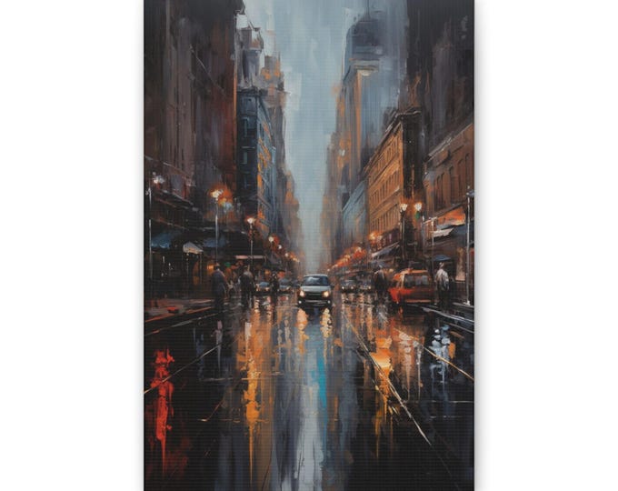 Rainy City Street Canvas | Urban Nightscape Wall Art