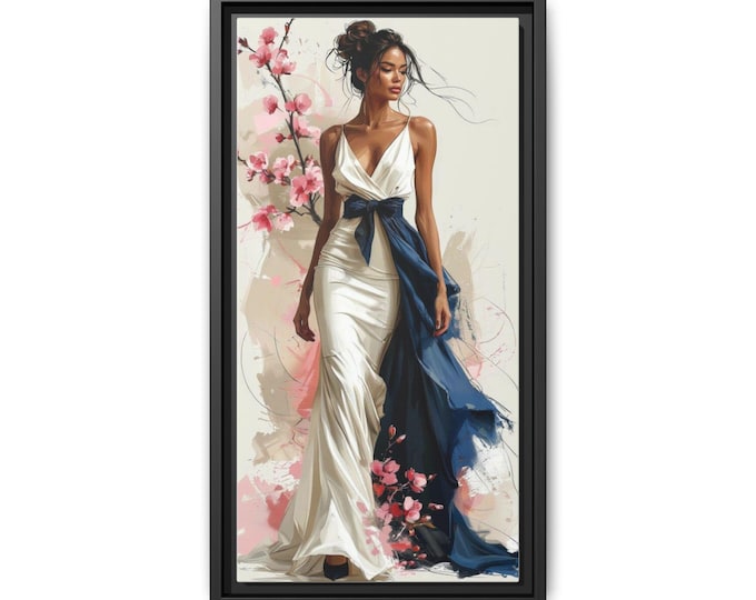 Elegant Woman in Gown Matte Canvas Framed | Fashion Illustration Wall Art
