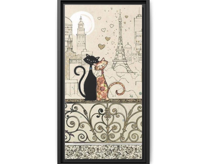 Paris Cats Illustration Matte Canvas Framed | Romantic Cat Wall Art