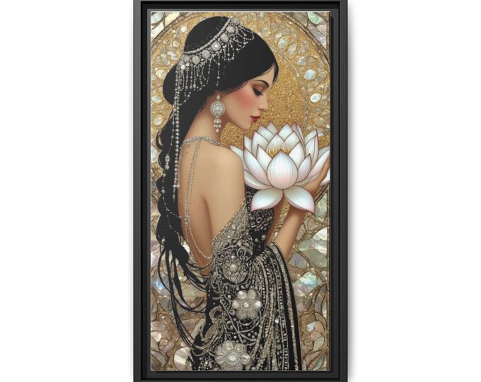 Art Deco Woman with Lotus Matte Canvas Framed | Floral Portrait Wall Art