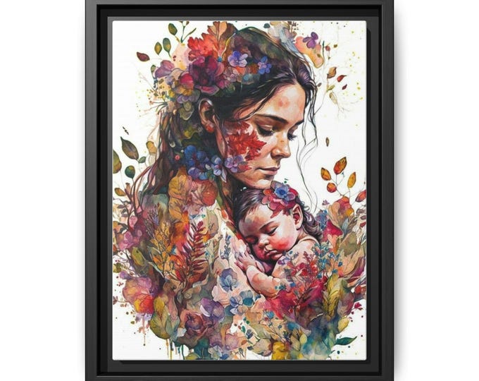 Mother and Baby Watercolor Portrait Matte Canvas Framed | Floral Nursery Wall Art