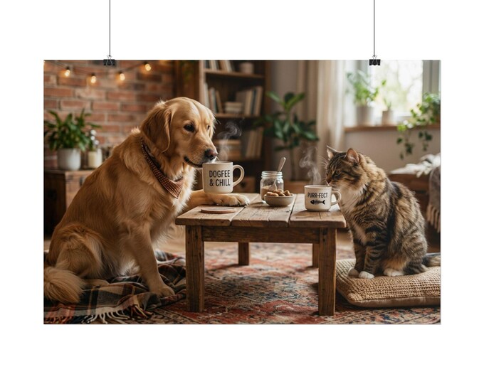 Dog and Cat Coffee Table Rolled Poster | Cozy Pet Room Décor