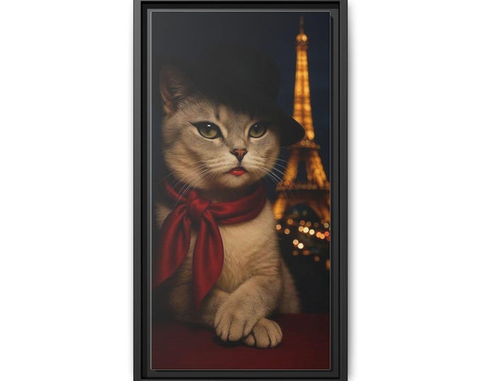 Parisian Cat Portrait Canvas Framed | Matte Wall Art