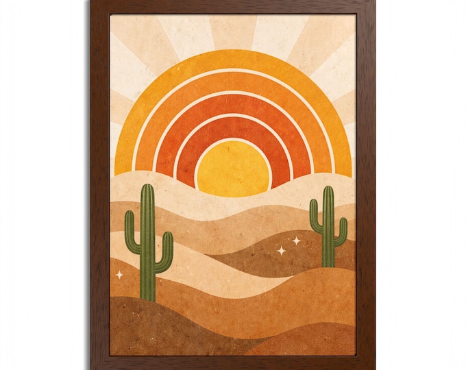 Desert Sunset Cactus Framed Poster | Retro Rainbow Sun Wall Art