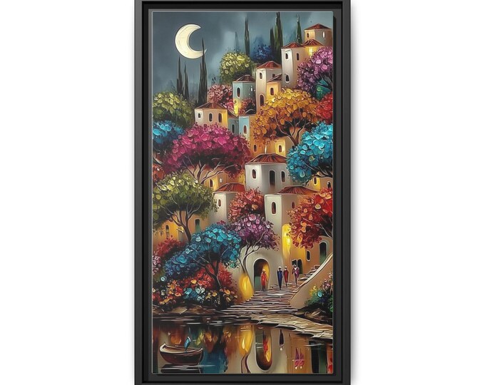 Colorful Hilltop Village Matte Canvas Framed | Night Moon Reflection