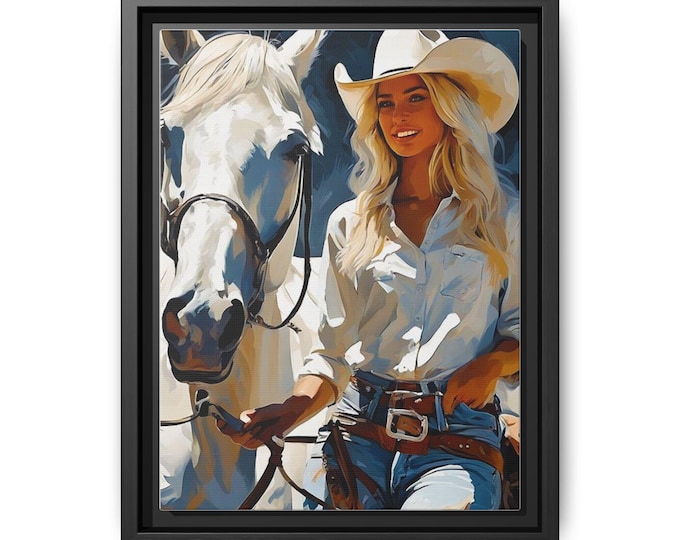 Cowgirl and White Horse Matte Canvas Framed Wall Art | Western Portrait