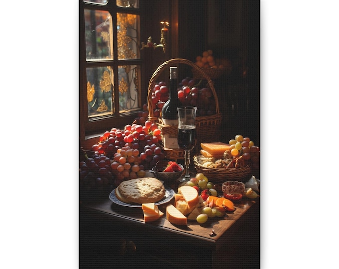 Still Life Fruit and Wine Canvas | Kitchen Wall Art, Vintage Rustic Decor