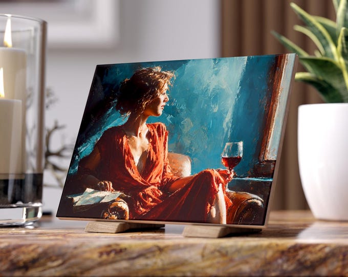 Woman in Red Dress Painting Ceramic Photo Tile | Vintage Portrait Wall Decor