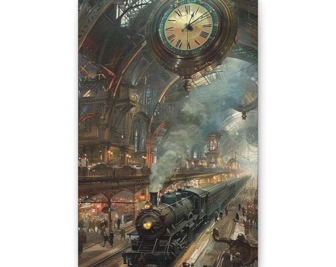 Vintage Steam Train Station Canvas | Clock Tower Railroad Art Print