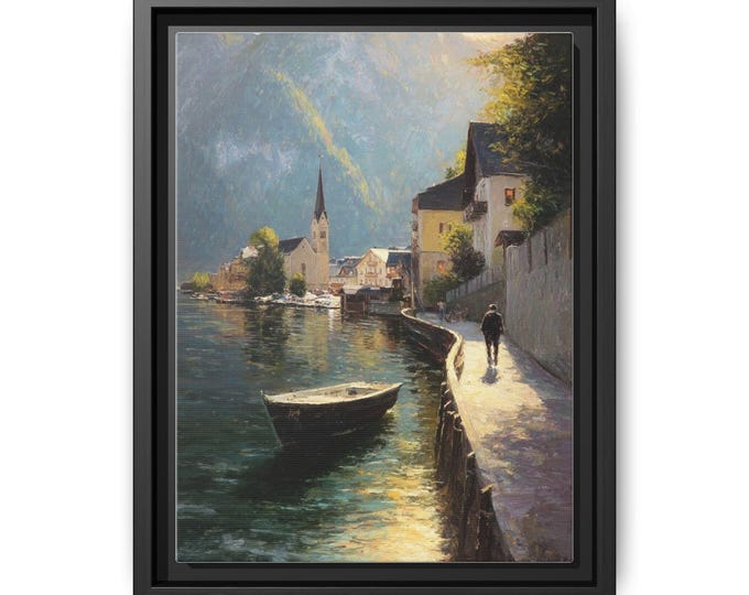 Lakeside Village at Dusk Matte Canvas Framed