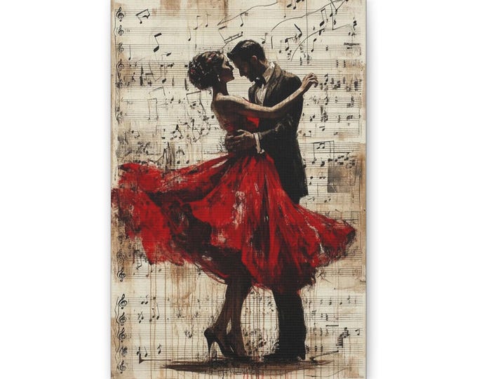 Dancing Couple in Red Dress Canvas | Wall Art, Music Sheet Background