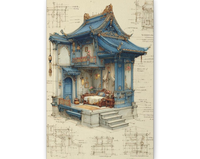 Blue Pagoda Architectural Illustration Canvas | Asian Temple Wall Art