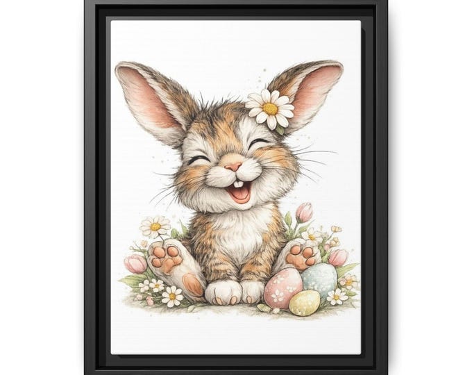 Smiling Bunny with Flowers and Easter Eggs Matte Canvas