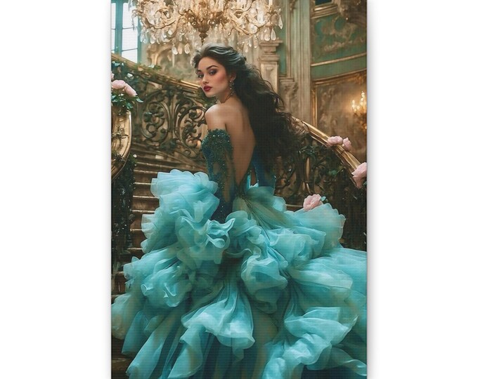 Woman in Turquoise Ball Gown Canvas Print | Elegant Portrait Wall Art