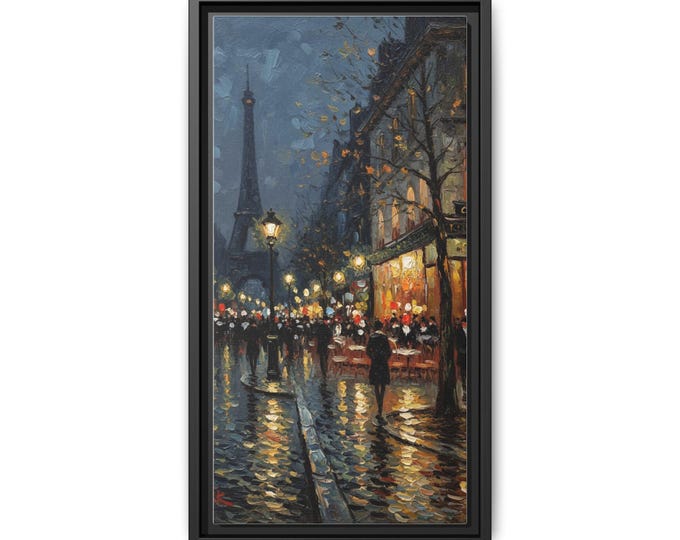Paris Street at Night Canvas | Framed Matte Wall Art, Eiffel Tower Cityscape