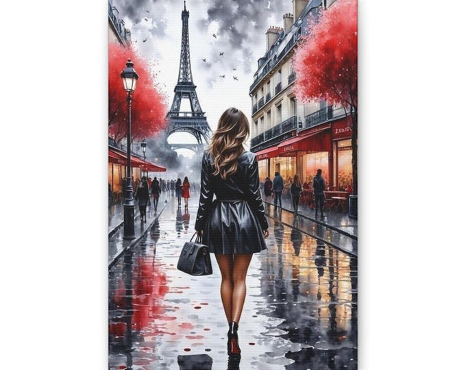 Paris Street Scene Classic Canvas | Eiffel Tower Woman Walking, Rainy Cityscape