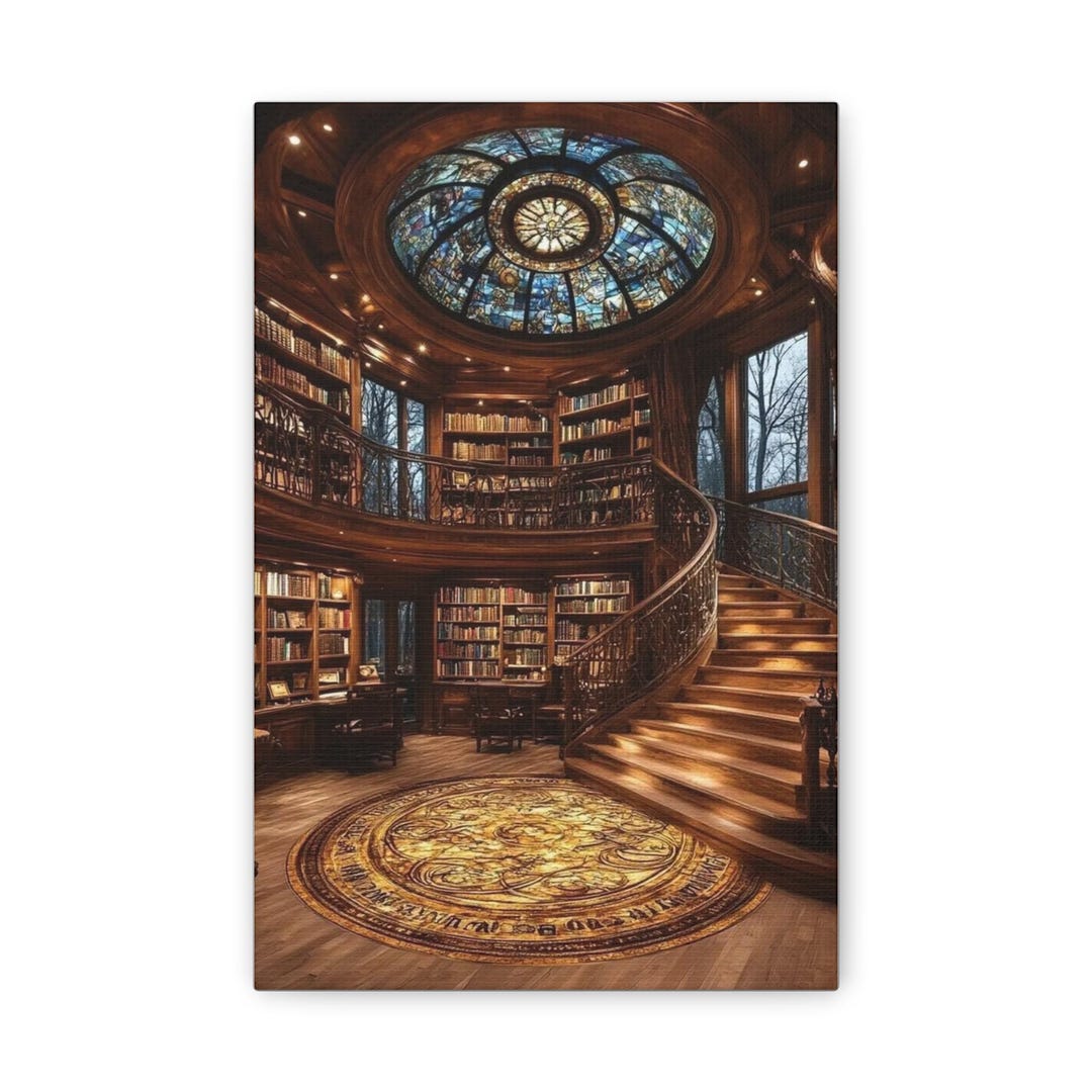 Victorian Library Staircase Canvas | Vintage Bookroom Wall Art, Stained ...
