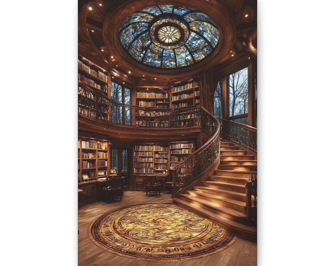 Victorian Library Staircase Canvas | Vintage Bookroom Wall Art, Stained Glass Dome