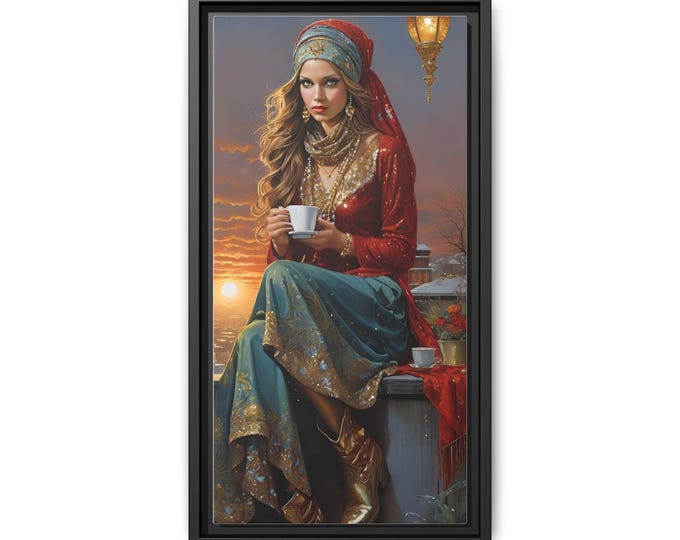Woman in Traditional Dress Holding Tea Matte Canvas Framed