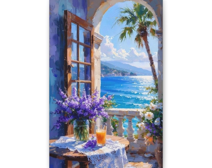 Mediterranean Seaside View Classic Canvas | Coastal Wall Art, Balcony Scene