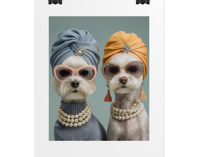 Retro Glam Dogs Rolled Poster | Fashionable Pooch Portrait, Turban & Pearls