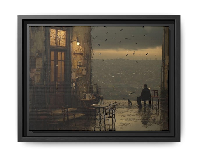 Seaside Café at Dusk Matte Canvas, Framed