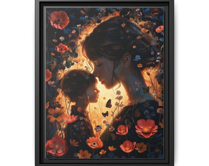 Mother and Child Floral Portrait Matte Canvas, Framed