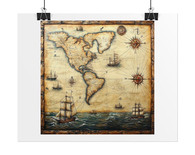 Antique Nautical Map Rolled Poster | Vintage World Map, Sailing Ships
