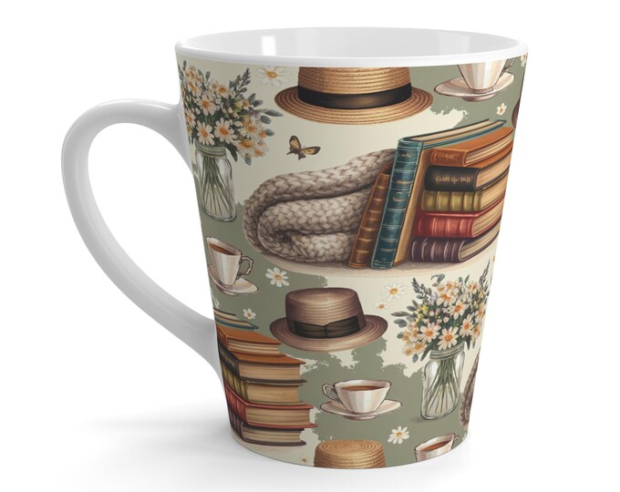 Cozy Books & Tea Latte Mug | Vintage Hats, Flowers, Knits Pattern