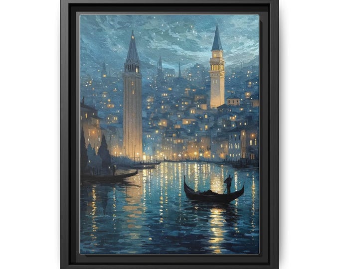 Venetian Nightscape Matte Canvas Framed | City Lights Water Reflection