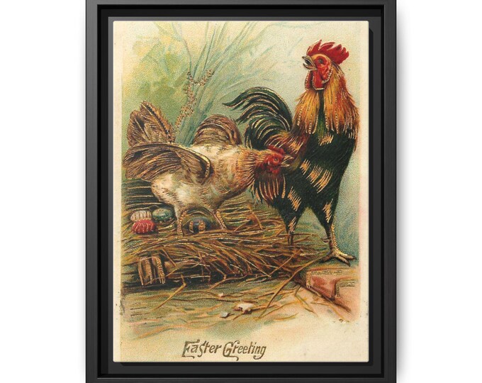Rooster and Hens Illustration Matte Canvas Framed | Vintage Easter Greeting