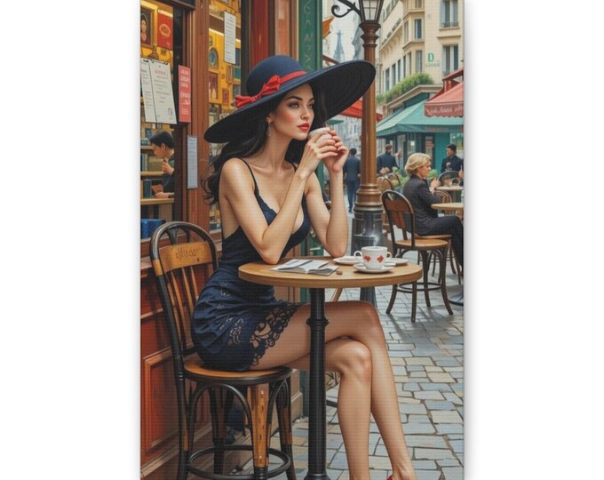 Paris Café Woman Canvas | Vintage Street Scene, Lady in Hat Wall Art