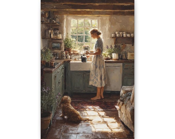 Woman at Kitchen Sink Canvas | Rustic Cottage Morning Wall Art
