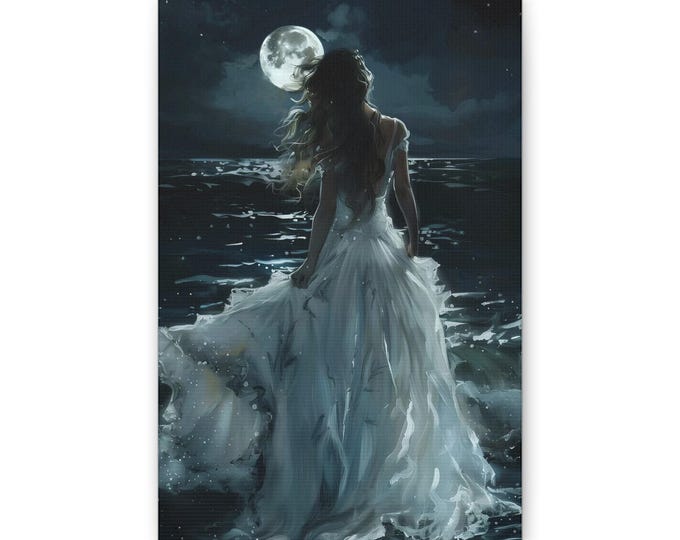 Moonlit Woman at Sea Canvas | Wall Art, Night Ocean Scene