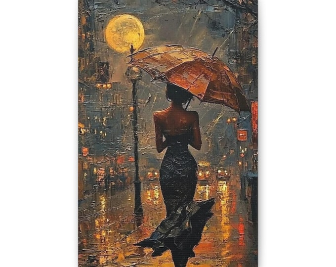 Woman with Umbrella Painting Canvas | Romantic Cityscape Wall Art