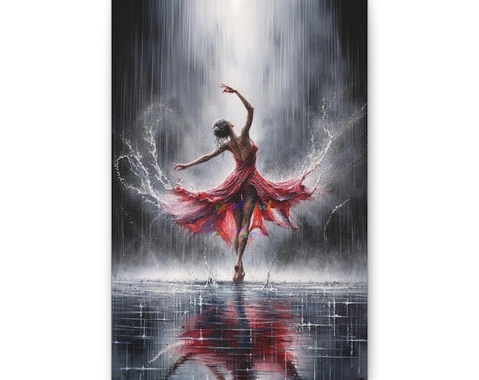 Ballet Dancer in Rain Canvas | Red Dress Wall Art