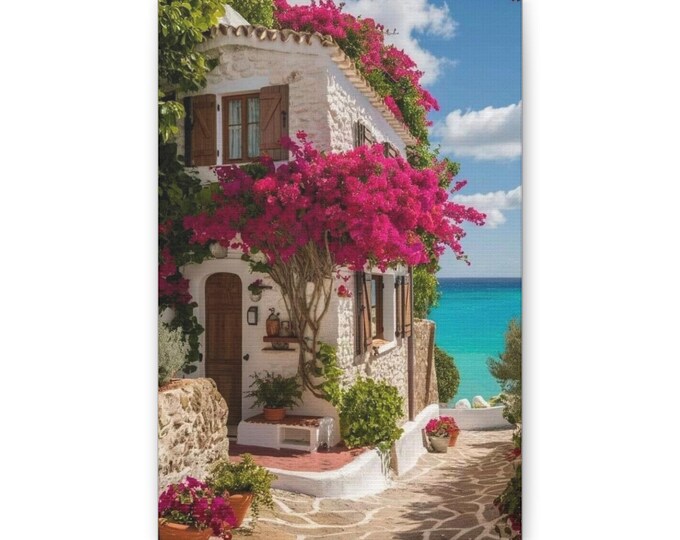 Mediterranean Cottage with Bougainvillea Canvas | Coastal Wall Art