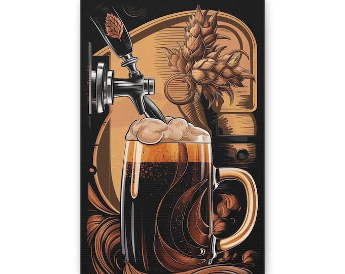 Beer Mug Illustration Canvas | Brewery Tap Wall Art, Hops & Foam Print