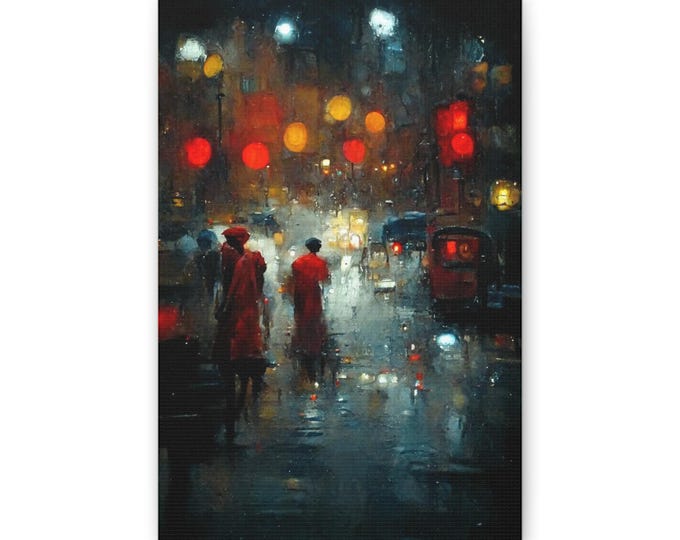 Rainy City Night canvas | Impressionist urban street scene, glowing lights