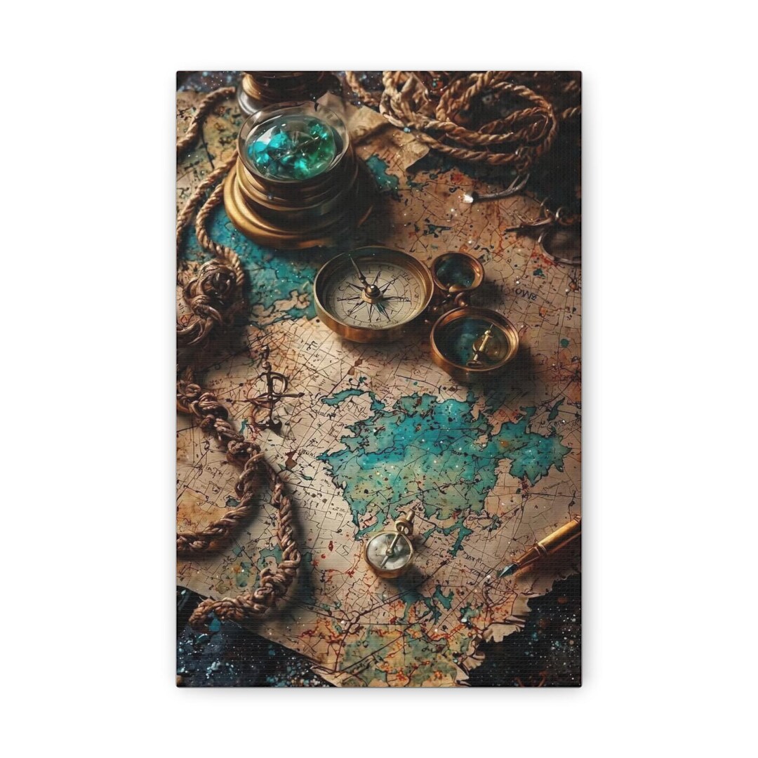 Vintage Treasure Map Canvas | Nautical Compass Wall Art, Pirate Map ...
