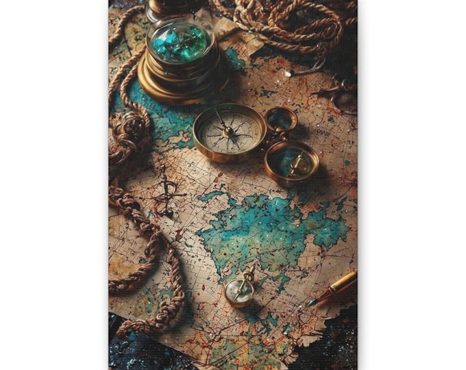 Vintage Treasure Map Canvas | Nautical Compass Wall Art, Pirate Map Print