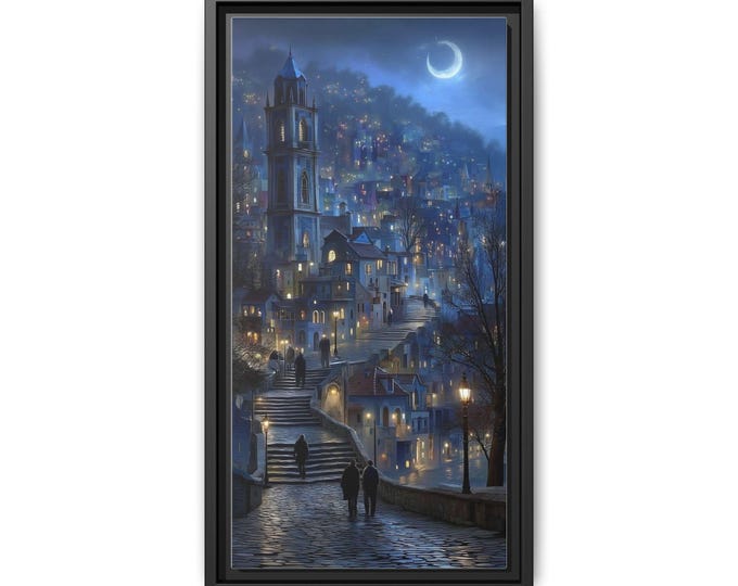 Moonlit Cityscape Matte Canvas Framed | Nighttime Village Wall Art