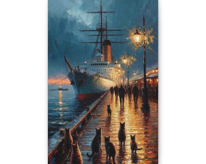 Evening Harbor Cats Classic Canvas | Ship Pier Night Lamp Post Seascape