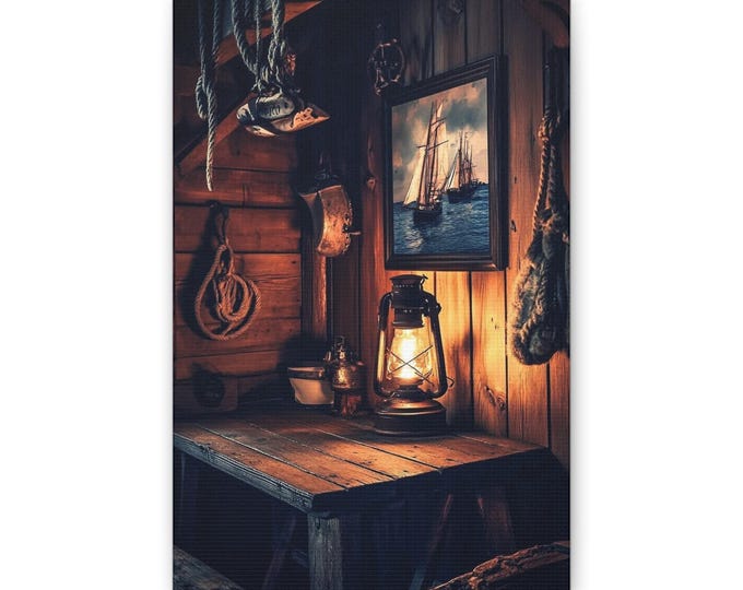 Nautical Cabin Lantern Canvas | Rustic Ship Painting Wall Art