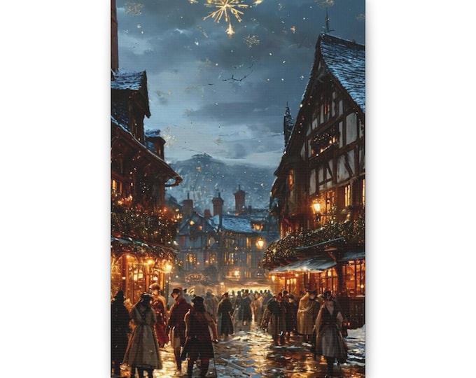 Victorian Christmas Market Canvas | Holiday Winter Village Wall Art