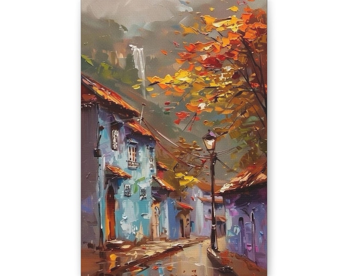 Autumn Village Street Canvas