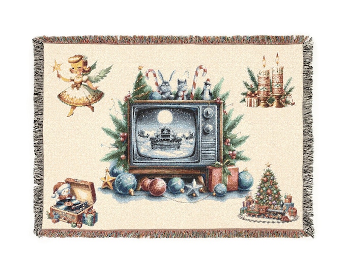 Vintage TV Christmas scene Woven Blanket | Holiday Throw, Classic Holiday Decor