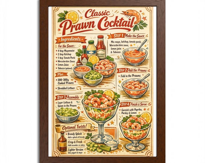 Classic Prawn Cocktail Illustrated Recipe Poster, Framed Poster