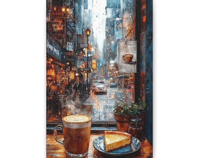 Cozy Coffee Shop Street Scene Canvas | Cafe Latte and Cheesecake Wall Art