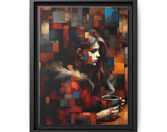 Woman with Coffee Abstract Portrait Canvas | Framed Matte Wall Art